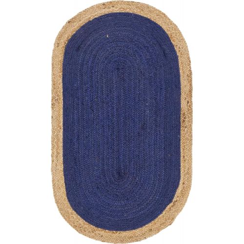  Unique Loom Braided Jute Collection Hand Woven Natural Fibers Navy Blue Oval Rug (3 3 x 5 0)