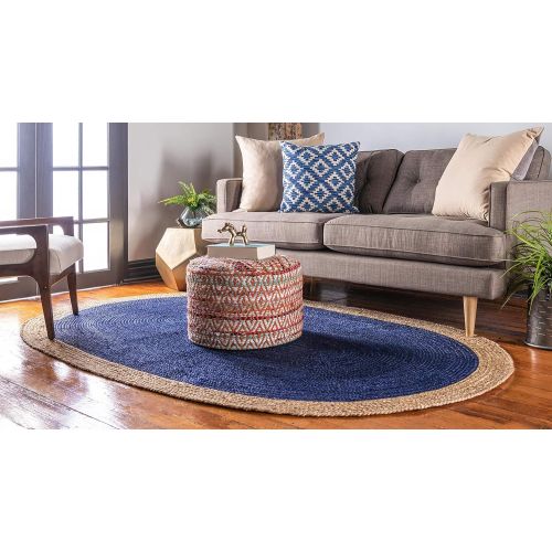  Unique Loom Braided Jute Collection Hand Woven Natural Fibers Navy Blue Oval Rug (3 3 x 5 0)