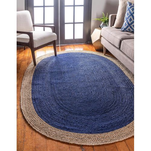  Unique Loom Braided Jute Collection Hand Woven Natural Fibers Navy Blue Oval Rug (3 3 x 5 0)