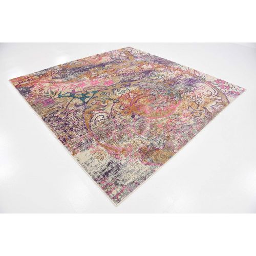  Unique Loom Aurora Collection Floral Abstract Over-Dyed Vintage Dark Beige Square Rug (8 x 8)