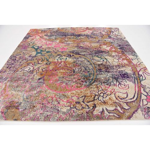  Unique Loom Aurora Collection Floral Abstract Over-Dyed Vintage Dark Beige Square Rug (8 x 8)