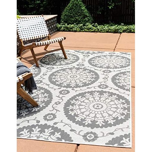  Unique Loom Outdoor Collection Floral Abstract Indoor and Outdoor Transitional Gray Area Rug (6 x 9)