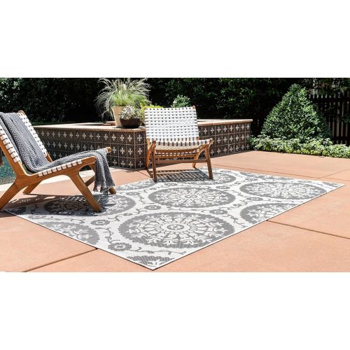  Unique Loom Outdoor Collection Floral Abstract Indoor and Outdoor Transitional Gray Area Rug (6 x 9)