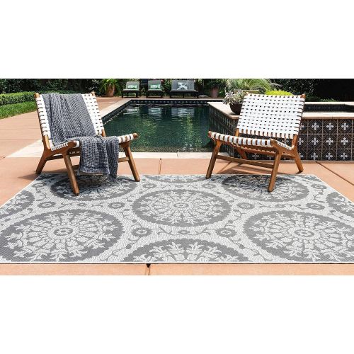  Unique Loom Outdoor Collection Floral Abstract Indoor and Outdoor Transitional Gray Area Rug (6 x 9)