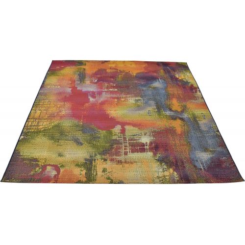  Unique Loom Outdoor Collection Watercolor Abstract Transitional Indoor and Outdoor Multi Square Rug (6 x 6)