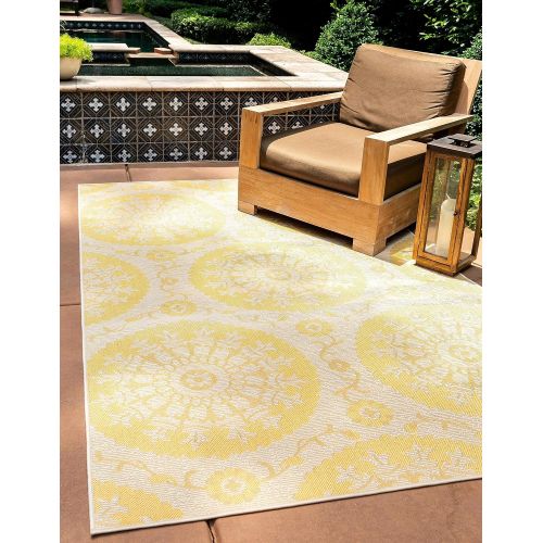  Unique Loom Outdoor Collection Floral Abstract Indoor and Outdoor Transitional Yellow Area Rug (5 x 8)