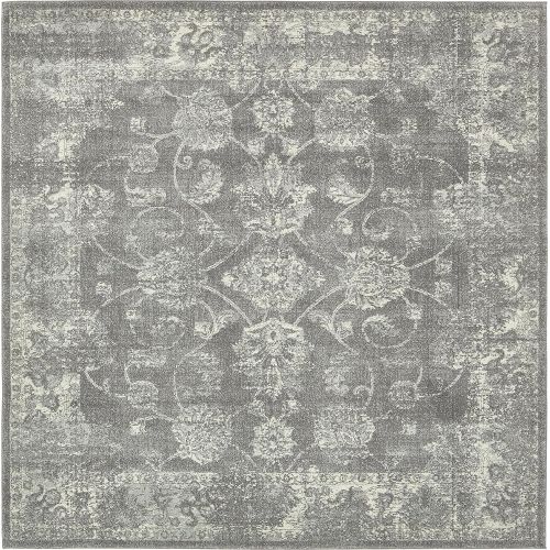  Unique Loom Tradition Collection Botanical Classic Dark Gray Square Rug (8 x 8)