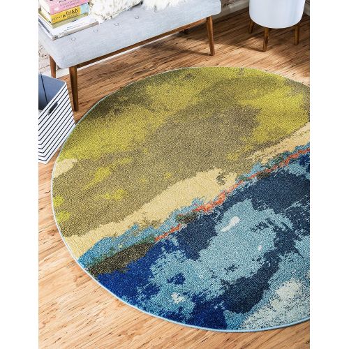  Unique Loom Estrella Collection Modern Abstract Light Blue Round Rug (8 x 8)