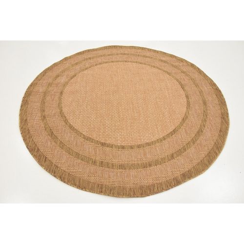  Unique Loom Outdoor Collection Solid Border Casual Indoor and Outdoor Transitional Light Brown Round Rug (6 x 6)