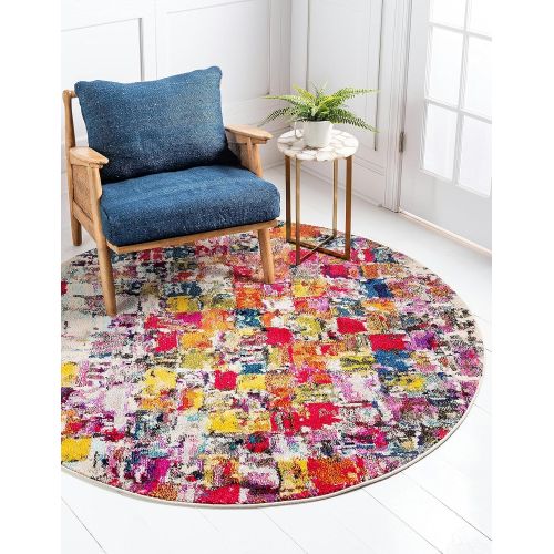  Unique Loom Estrella Collection Colorful Abstract Multi Round Rug (8 x 8)