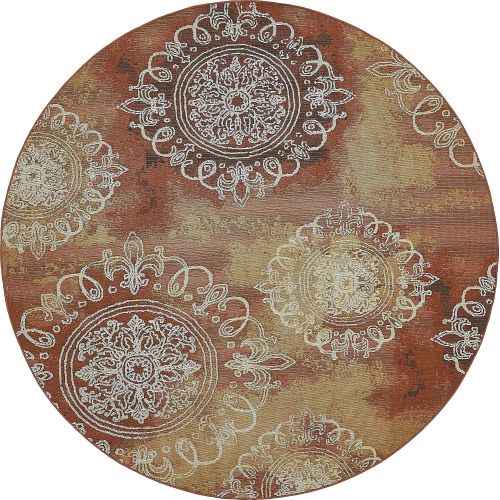  Unique Loom Outdoor Collection Watercolor Abstract Transitional Indoor and Outdoor Multi Round Rug (8 x 8)