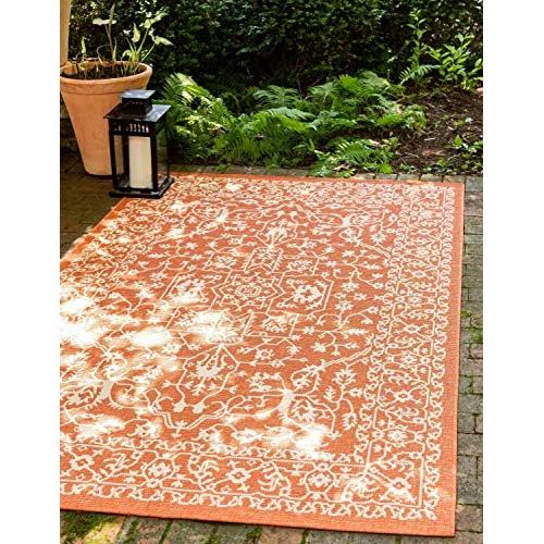  Unique Loom Outdoor Collection Traditional Floral Border Indoor and Outdoor Transitional Terracotta Area Rug (4 x 6)