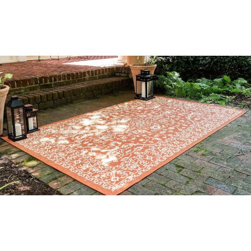  Unique Loom Outdoor Collection Traditional Floral Border Indoor and Outdoor Transitional Terracotta Area Rug (4 x 6)