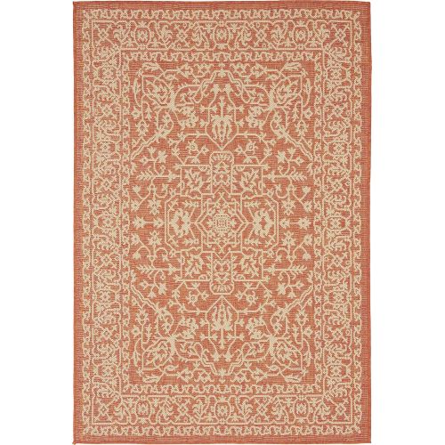  Unique Loom Outdoor Collection Traditional Floral Border Indoor and Outdoor Transitional Terracotta Area Rug (4 x 6)