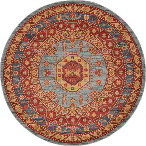  Unique Loom Sahand Collection Traditional Geometric Classic Light Blue Round Rug (6 x 6)