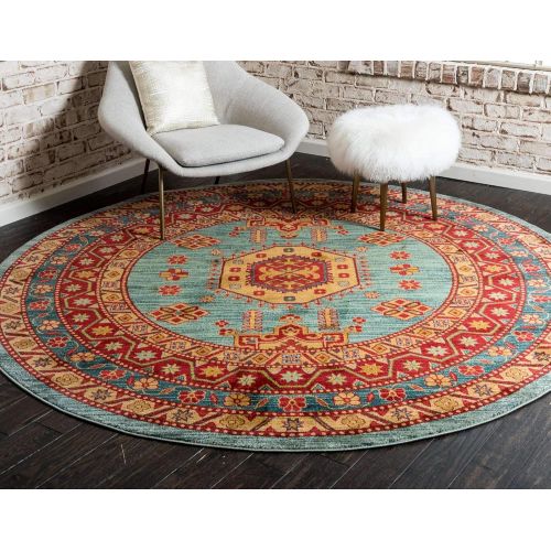  Unique Loom Sahand Collection Traditional Geometric Classic Light Blue Round Rug (6 x 6)