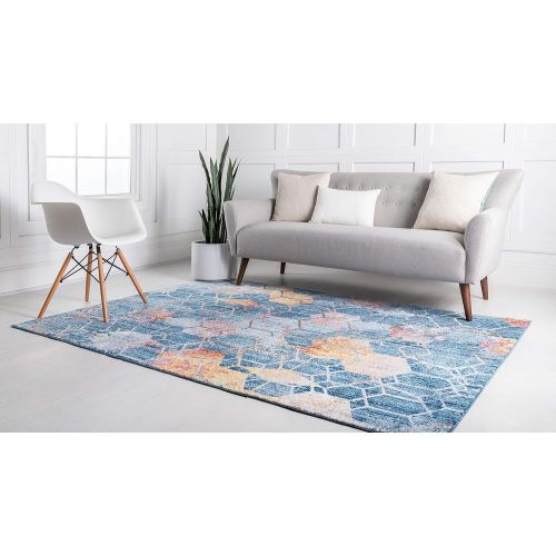  Unique Loom Rainbow Collection Geometric Abstract Trellis Modern Watercolor White Area Rug (5 x 8)