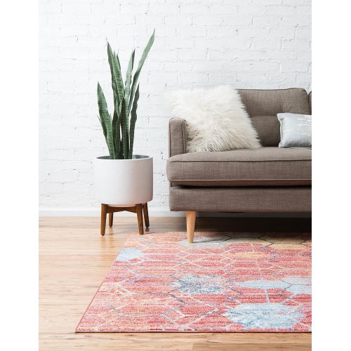  Unique Loom Rainbow Collection Geometric Abstract Trellis Modern Watercolor White Area Rug (5 x 8)