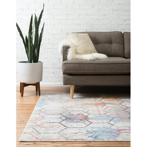  Unique Loom Rainbow Collection Geometric Abstract Trellis Modern Watercolor White Area Rug (5 x 8)