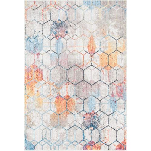  Unique Loom Rainbow Collection Geometric Abstract Trellis Modern Watercolor White Area Rug (5 x 8)