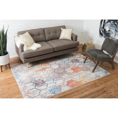  Unique Loom Rainbow Collection Geometric Abstract Trellis Modern Watercolor White Area Rug (5 x 8)