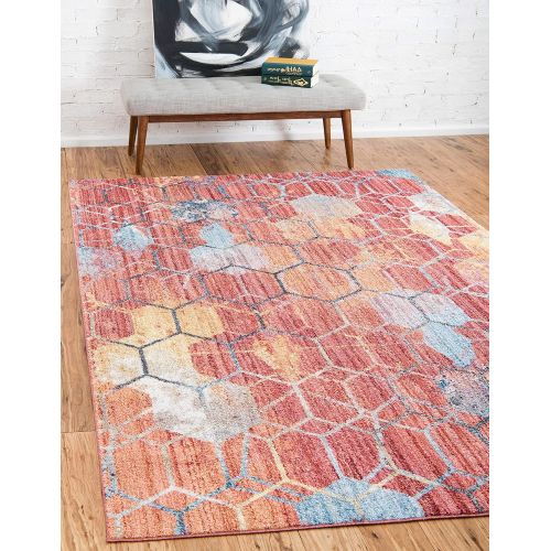  Unique Loom Rainbow Collection Geometric Abstract Trellis Modern Watercolor White Area Rug (5 x 8)