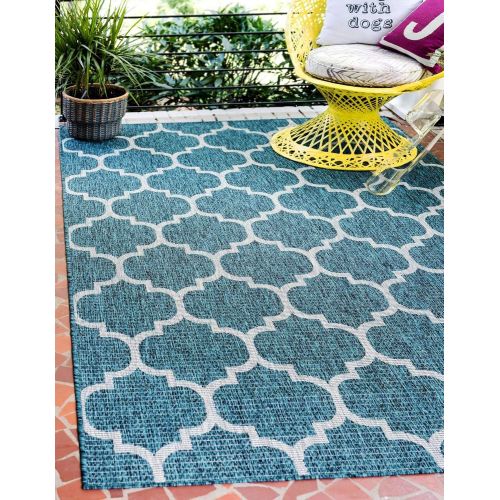  Unique Loom Outdoor Collection Casual Moroccan Lattice Geometric Teal Area Rug (7 x 10)