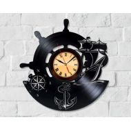 UniqueWallClock Vinyl Record Art Steering Wheel Art Marine Style Clock Ship Decor Marine Decor