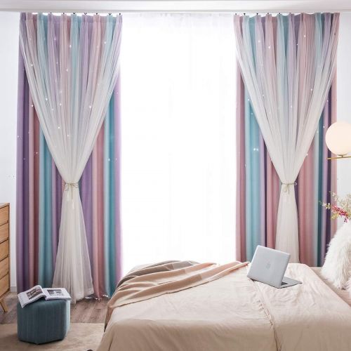  Unistar 2 Panels Blackout Stars Curtains for Kids Girls Bedroom Aesthetic Living Room Decor Colorful Double Layer Star Cut Out Stripe Pink Rainbow Window Wall Home Decoration Curta
