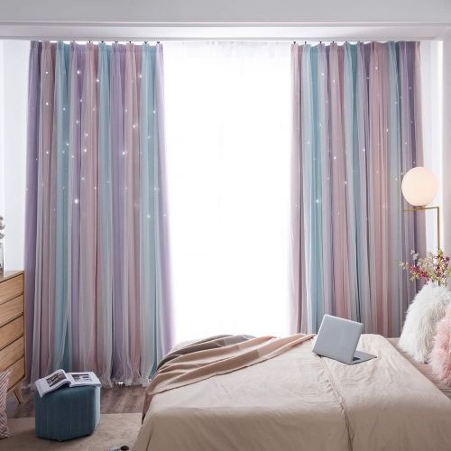  Unistar 2 Panels Blackout Stars Curtains for Kids Girls Bedroom Aesthetic Living Room Decor Colorful Double Layer Star Cut Out Stripe Pink Rainbow Window Wall Home Decoration Curta