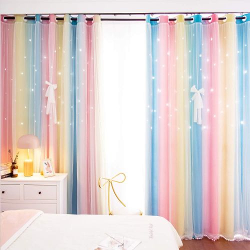  [아마존베스트]UNISTAR 2 Panels Blackout Stars Curtains for Kids Girls Bedroom Aesthetic Living Room Decor Colorful Double Layer Star Cut Out Stripe Pink Rainbow Window Wall Home Decoration Curta