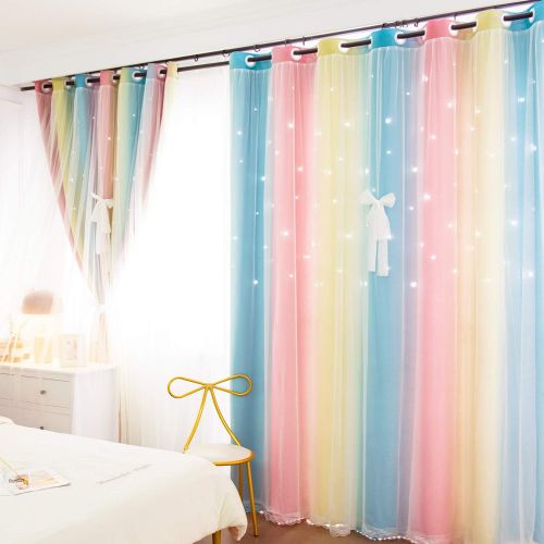  [아마존베스트]UNISTAR 2 Panels Blackout Stars Curtains for Kids Girls Bedroom Aesthetic Living Room Decor Colorful Double Layer Star Cut Out Stripe Pink Rainbow Window Wall Home Decoration Curta