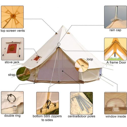  UNISTRENGH 4 Season Large Waterproof Cotton Canvas Bell Tent Beige Glamping Tent with Roof Stove Jack Hole for Camping Hiking Christmas Party