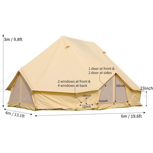  UNISTRENGH Luxury Large 6M Cotton Canvas Camper Tent 3 Doors Waterproof Bell Tent for 8-12 People Camping,Hiking and Family Party (19.6ft/6M)