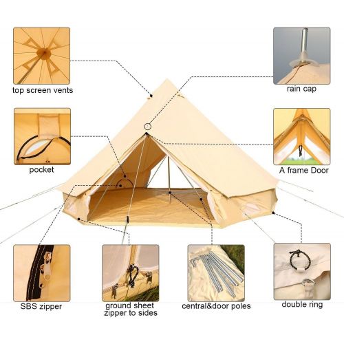  UNISTRENGH 4-Season Luxury 2 Doors Family Cotton Waterproof Bell Tents for Glamping Parties (13.1ft 16.4ft 19.7ft Dia. Size Options)