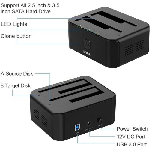  Unitek UNITEK Aluminum USB 3.0 to SATA Dual Bay External Hard Drive Docking Station with UASP for 2.5  3.5-inch HDD SSD, Hard Drive DuplicatorOffline Clone Function (2 x 10TB Support)-S