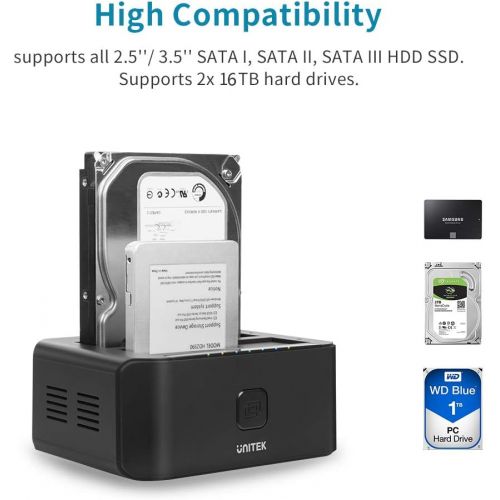  Unitek USB 3.0 to SATA IIIIII Dual Bay External Hard Drive Docking Station for 2.53.5-Inch HDD SSD, Hard Drive Duplicator, Offline Clone Function, Support UASP and 10TB - Black