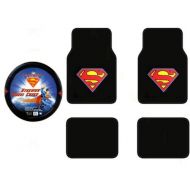 A Set of 4 Universal Fit Superman Classic Red and Yellow Shield Plush Carpet Floor Mats and 1 Comfort Grip Steering Wheel Cover