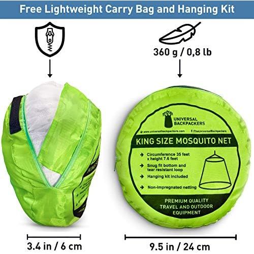  [아마존베스트]Universal Backpackers Mosquito Net for Single to King-Sized Beds  2 Openings or Fully-Enclosed Bed Canopy  Conical Design for Decoration or Travel  Free Bag & Hanging Kit for Ea