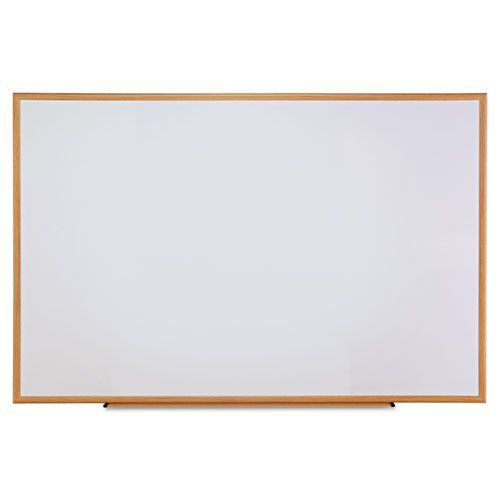  Universal One Dry-Erase Board, Melamine, 72 x 48, White, Oak-Finished Frame