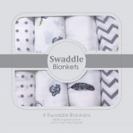 Uniwaresal Cotton Muslin Swaddle Blankets - Soft Silky 100% Muslin Cotton Swaddle Blanket for Baby, Large 47 x 47 inches, Set of 4- Zig Zag, Polka, Wing & Monkey Print in Grey Pattern