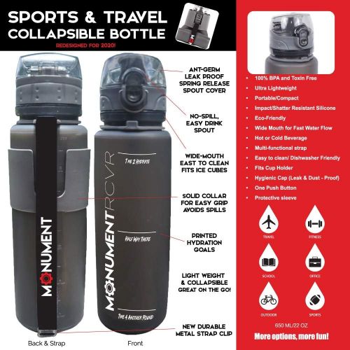  Unknown Monument Collapsible Water Bottle (Gray) New - One Touch Cap - BPA Free Silicone, 22 Ounces Great for: Hiking, Camping, Traveling, Biking, Cycling, Yoga, Climbing, Snowboarding, Sk