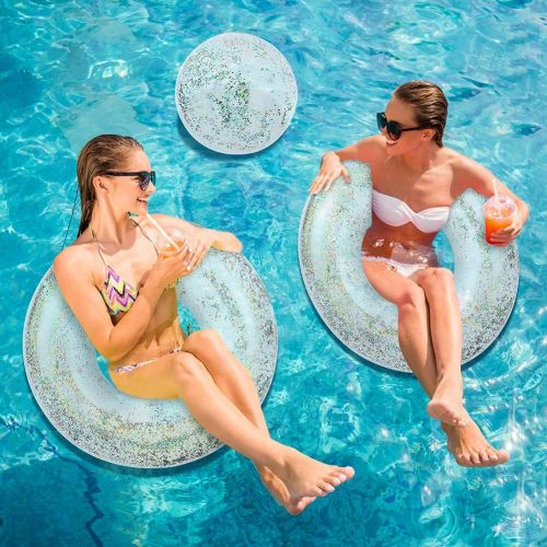  Unknown Amor 40 Inch Inflatable Glitter Pool Float Tube with Ball, Glitter Beach Swimming Ring, Summer Pool Party Decorations for Adult Kids