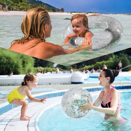  Unknown Amor 40 Inch Inflatable Glitter Pool Float Tube with Ball, Glitter Beach Swimming Ring, Summer Pool Party Decorations for Adult Kids