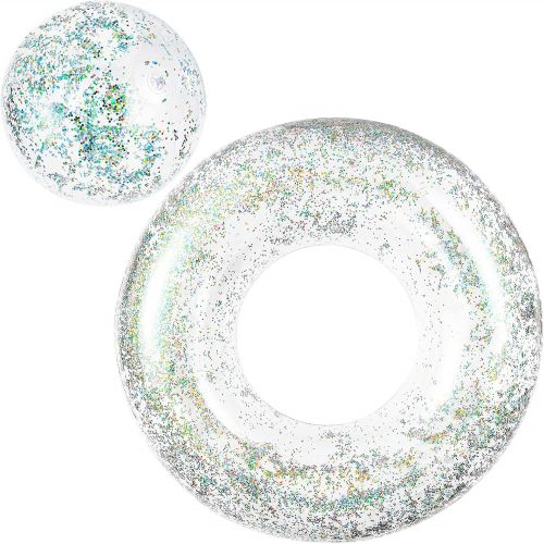  Unknown Amor 40 Inch Inflatable Glitter Pool Float Tube with Ball, Glitter Beach Swimming Ring, Summer Pool Party Decorations for Adult Kids