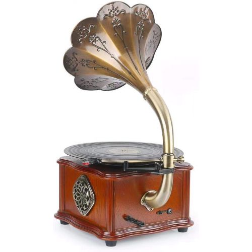  Unknown Wooden Phonograph Gramophone Turntable Vinyl Record Player Speakers Stereo System Control 33/45 RPM FM AUX USB Ouput Bluetooth 4.2