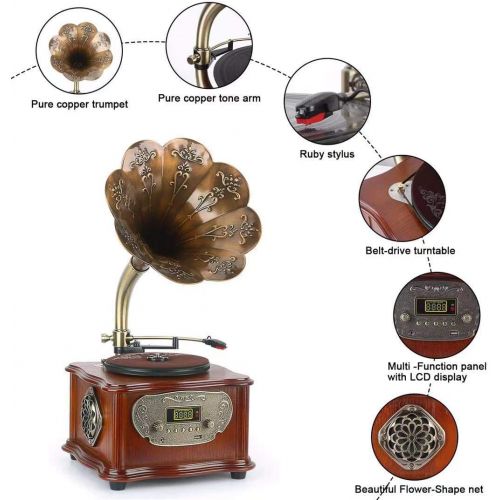  Unknown Wooden Phonograph Gramophone Turntable Vinyl Record Player Speakers Stereo System Control 33/45 RPM FM AUX USB Ouput Bluetooth 4.2