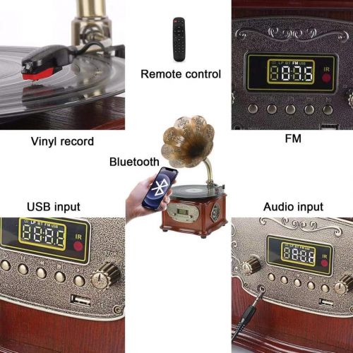  Unknown Wooden Phonograph Gramophone Turntable Vinyl Record Player Speakers Stereo System Control 33/45 RPM FM AUX USB Ouput Bluetooth 4.2