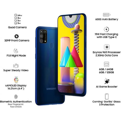 삼성 Unknown Samsung Galaxy M31 (M315F-DS) 64GB 6GB RAM Factory Unlocked (GSM Only No CDMA - not Compatible with Verizon/Sprint) International Version - Ocean Blue