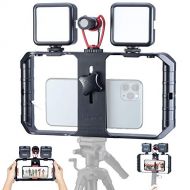 Unknown Smartphone Video Rig with Shortgun Microphone + 2 Led Video Light, Handheld Stabilizer Filmmaking Case w 3 Cold Shoe Vlog Videographing Accessory for iPhone 11 Pro Max Xs 8 Plus Hu